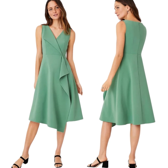 ANN TAYLOR Sage Green Sleeveless Knee-length Cascade Midi Dress - Size 4 - Picture 3 of 13